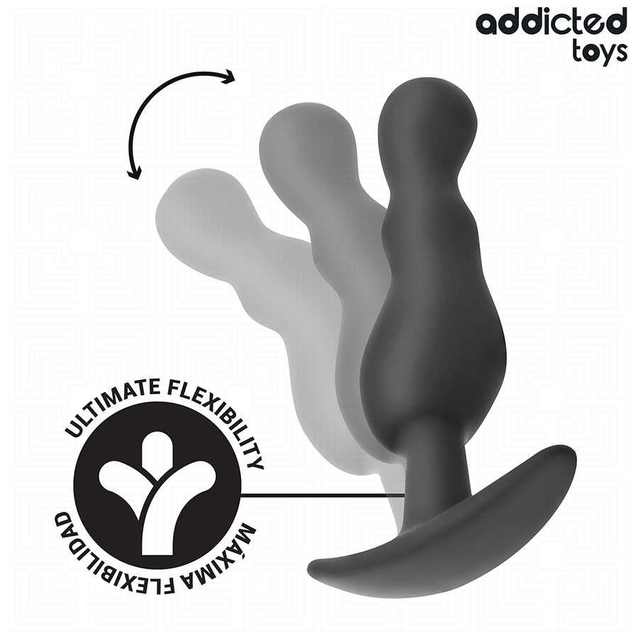 Plug anal ondule Addicted en silicone souple noir illustre flechi pour son ultimate flexibility, base ancre de securite et logo maxima flexibilidad.
