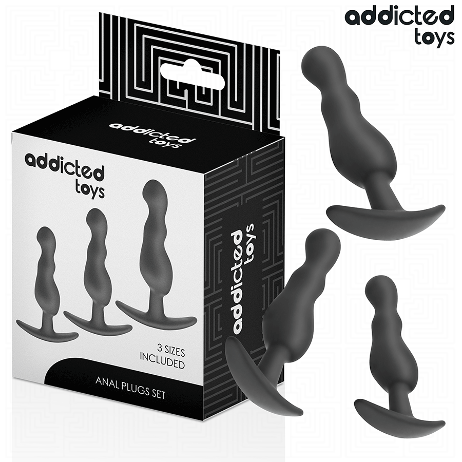 Boite Addicted du lot de trois plugs anaux, packaging anal plugs set noir et blanc avec visuel des plugs silicone ondules en trois tailles et pictogrammes.