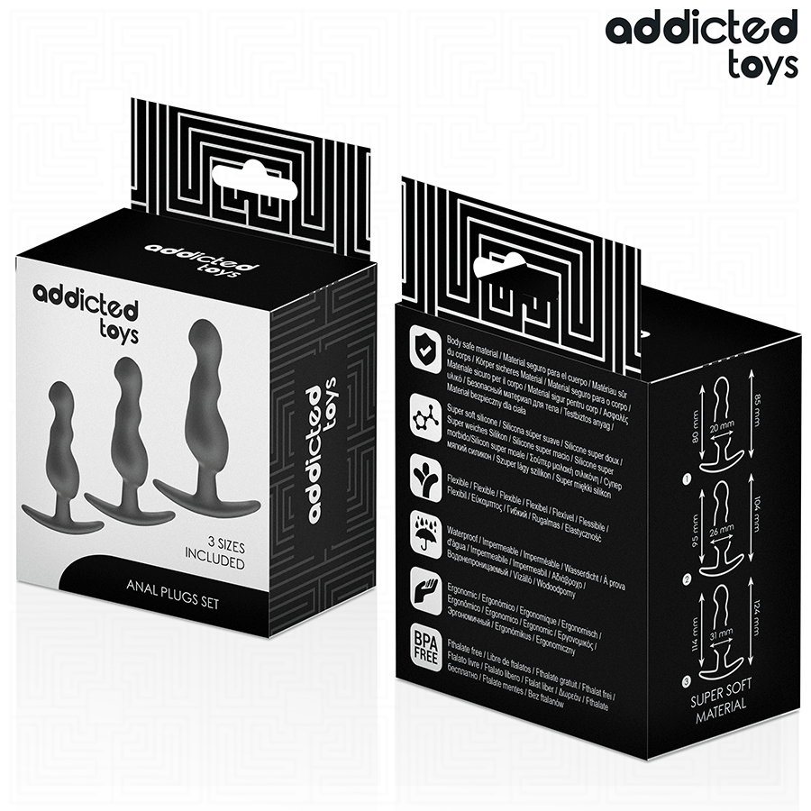 Boite Addicted du lot de trois plugs anaux, packaging anal plugs set noir face et dos, visuel des plugs silicone ondules en trois tailles et pictogrammes.