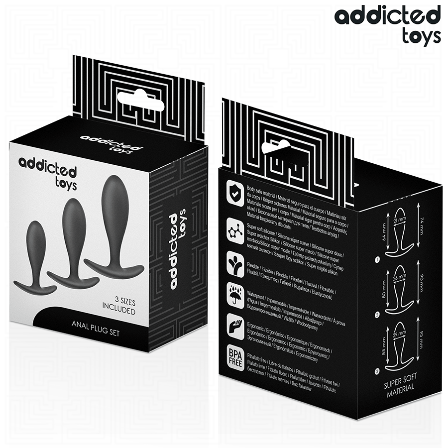 Boite du set de trois plugs anaux Addicted, packaging noir et blanc montrant les trois tailles progressives en silicone super doux, sans anatomie ni scene.