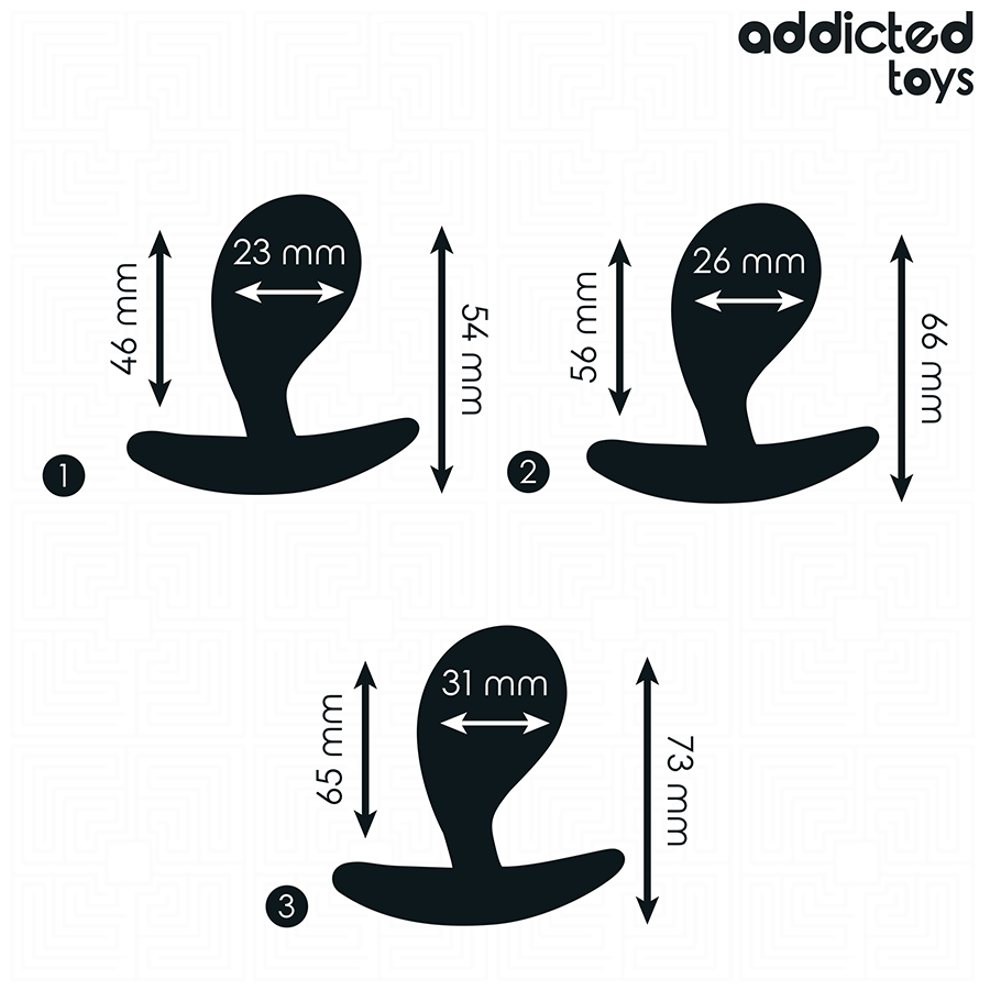 Schema technique des trois plugs anaux Addicted avec cotes detaillees 46, 54, 66 et 73 mm, diametres 23, 26 et 31 mm, silicone progressif pour l'initiation anale.