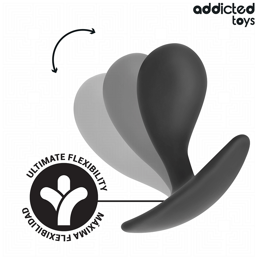 Plug anal Addicted illustrant son ultime flexibilite, tete bombee et base souple en silicone noir, pensee pour une insertion progressive et un maintien confortable.