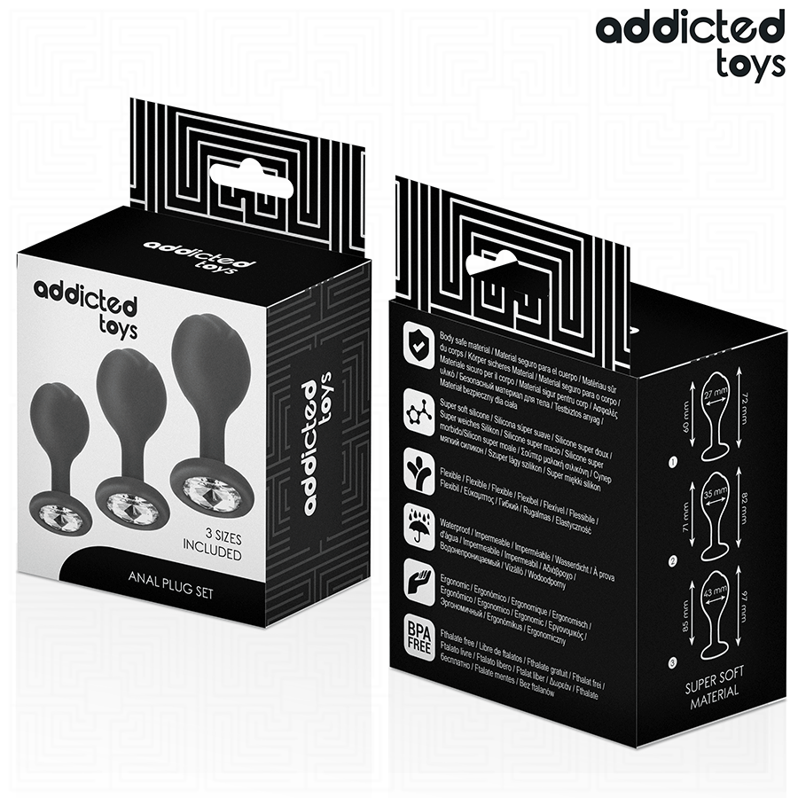 Boite du set de plugs anaux bijou Addicted, packaging anal plug set noir et blanc presentant les trois tailles en silicone, sans anatomie ni scene sexuelle.