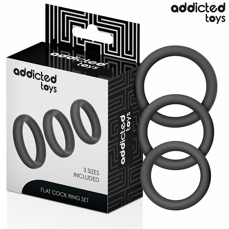 Boite Flat Cock Ring Set Addicted avec ses trois anneaux peniens plats en silicone noir, set de cockrings en tailles croissantes pour maintien de l'erection.