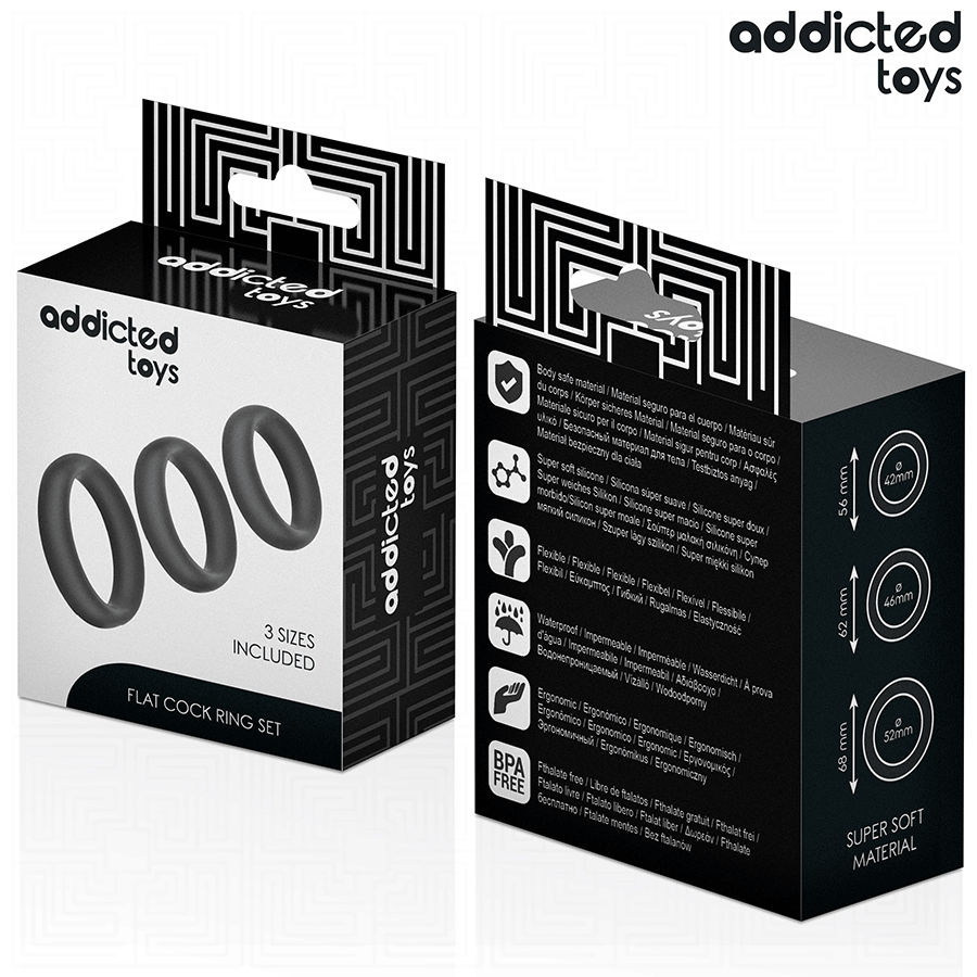 Emballage Addicted Flat Cock Ring Set vu de face et profil, fiche produit du set de trois anneaux peniens en silicone super doux, packaging noir.