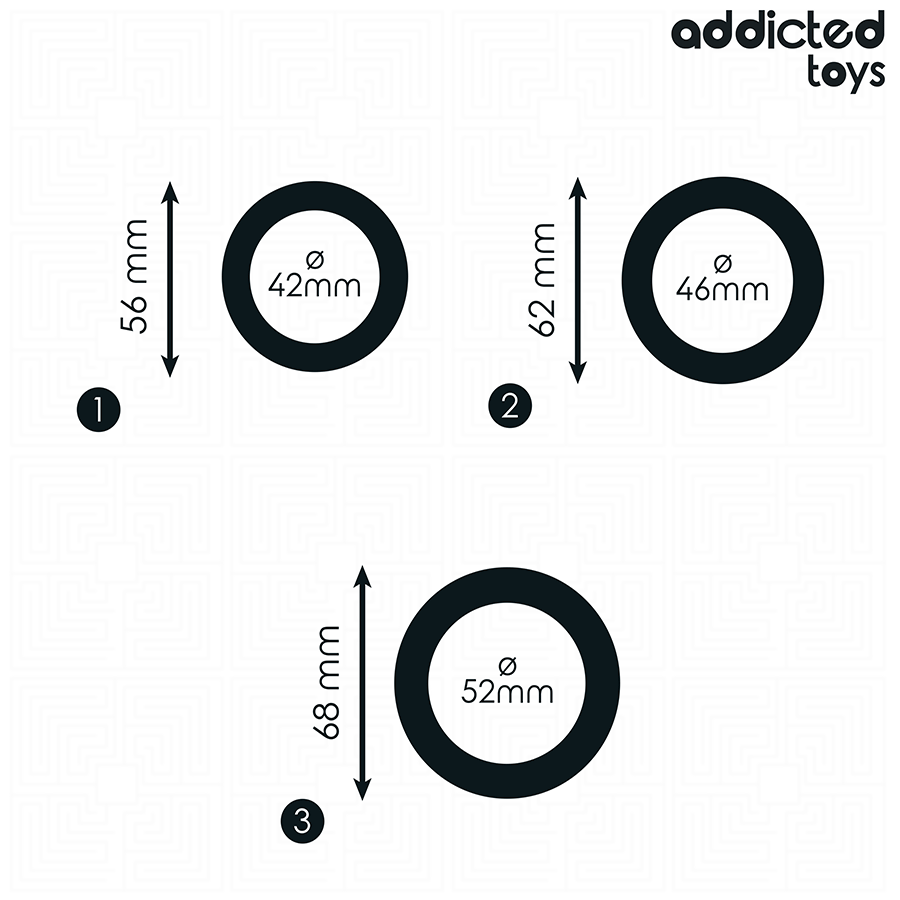 Schema cote Addicted des trois anneaux peniens plats, diametres 42, 46 et 52 mm avec mesures de circonference, set de cockrings en silicone noir.