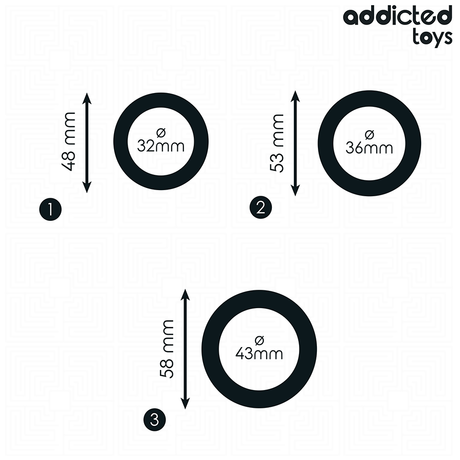 Schema cote Addicted des trois anneaux peniens, diametres 32, 36 et 43 mm avec mesures, set de cockrings extra epais en silicone noir.