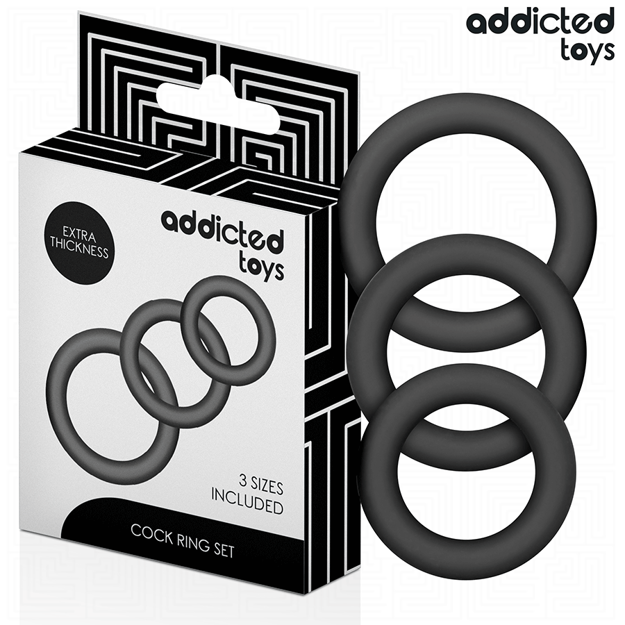 Boite Cock Ring Set Addicted extra epais avec ses trois anneaux peniens en silicone noir, set de cockrings en tailles croissantes pour le maintien de l'erection.