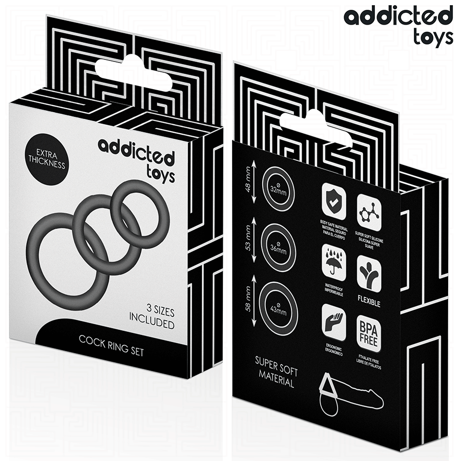 Emballage Addicted Cock Ring Set vu de face et de profil, fiche produit du set de trois anneaux peniens en silicone super doux, packaging noir.