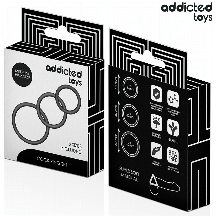Emballage Addicted Cock Ring Set vu de face et profil, fiche produit du set de trois anneaux peniens en silicone super doux, packaging noir.