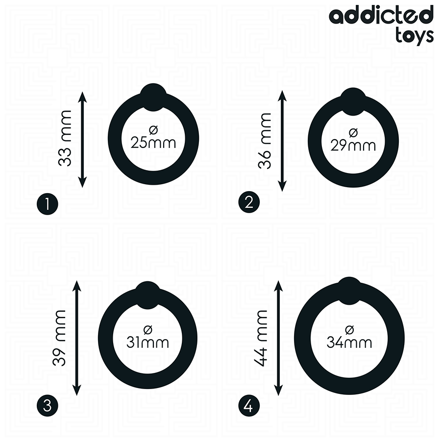 Schema cote Addicted des quatre anneaux peniens a pression, diametres 25, 29, 31 et 34 mm avec mesures, set de cockrings en silicone noir.