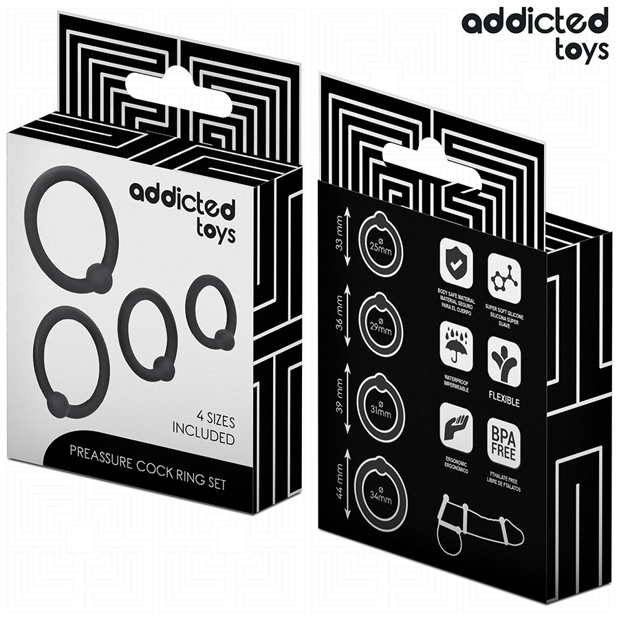 Emballage Addicted Preasure Cock Ring Set vu de face et profil, fiche produit du set de quatre anneaux peniens en silicone, packaging noir.