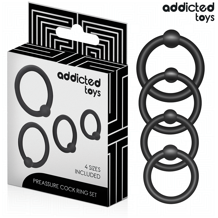 Boite Preasure Cock Ring Set Addicted avec quatre anneaux peniens en silicone noir a billes de pression, set de cockrings en tailles croissantes pour l'erection.