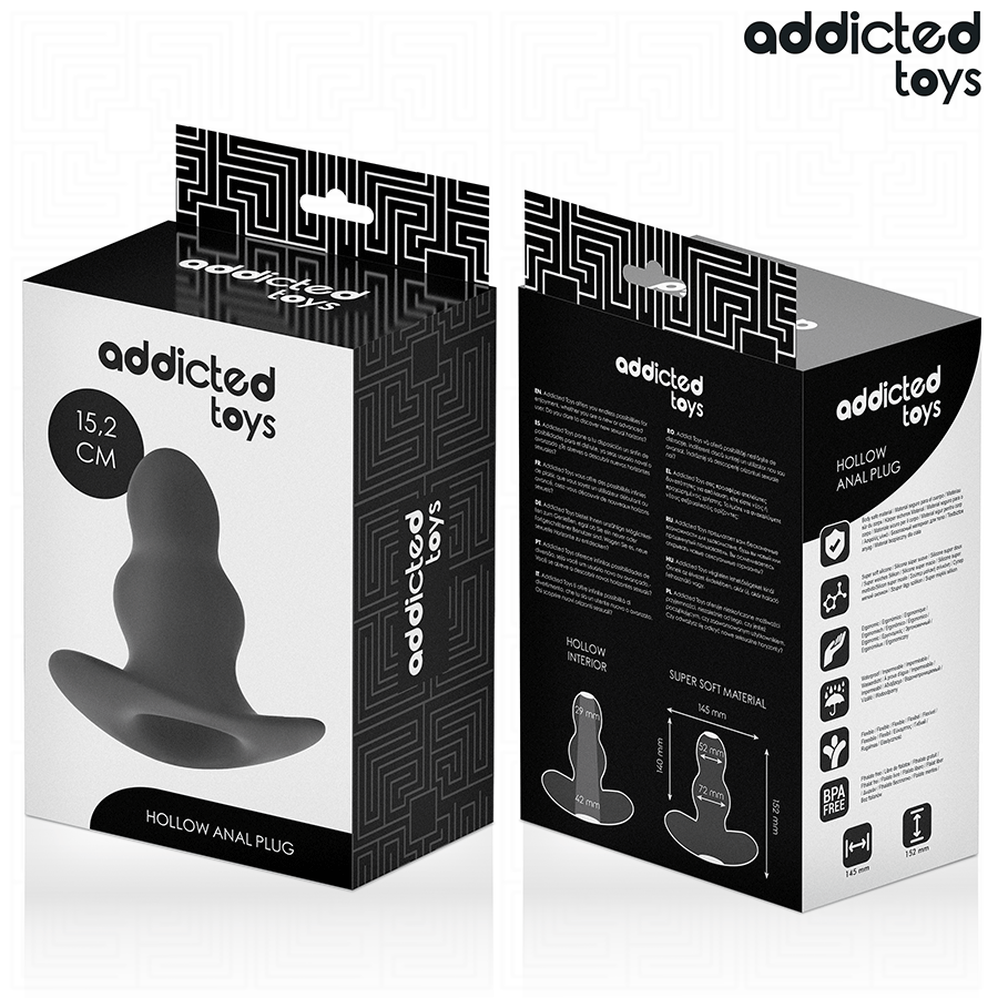 Boite du plug anal creux Addicted 15,2 cm, recto verso detaillant le plug tunnel en coupe et les pictogrammes, mention interieur creux et materiau super soft.