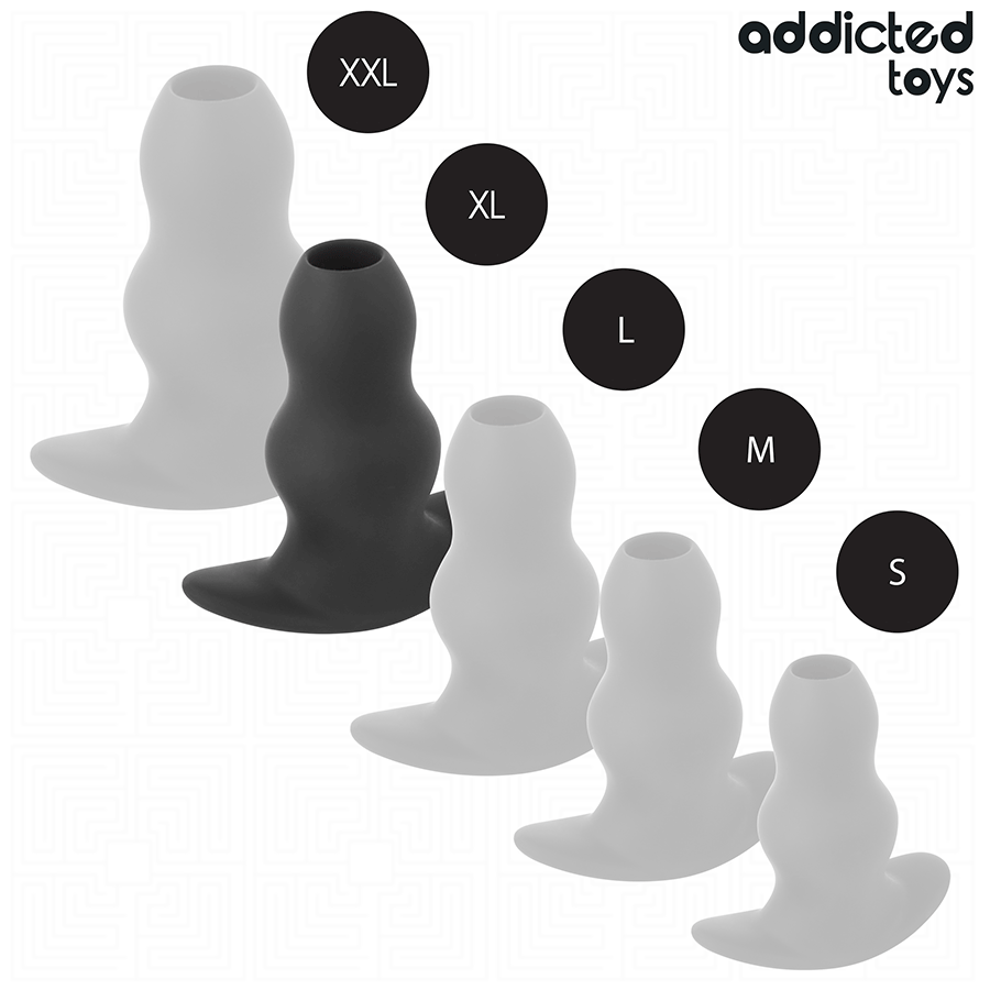 Gamme du plug anal creux Addicted en silicone, modeles translucides avec la taille XL en noir mise en avant, plugs tunnel alignes par volume croissant des tailles S a XXL.