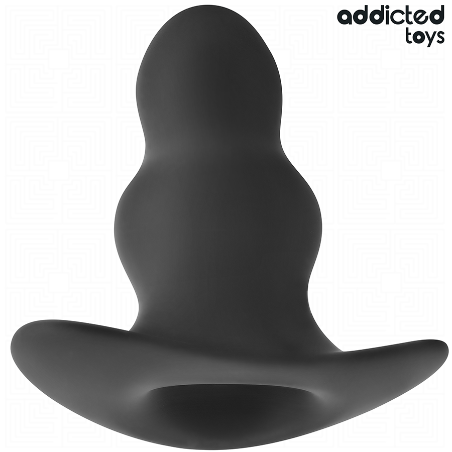 Grand plug anal creux Addicted en silicone noir vu de profil, ouverture tunnel large et base evasee tres ouverte, pour les pratiques anales avancees d'etirement.