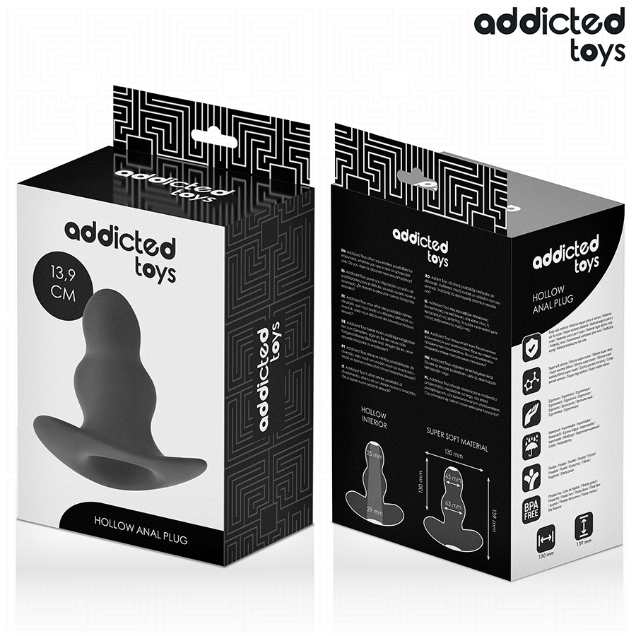 Boite du plug anal creux Addicted 13,9 cm, recto verso montrant le plug tunnel en coupe et les pictogrammes techniques, interieur creux et materiau super soft.