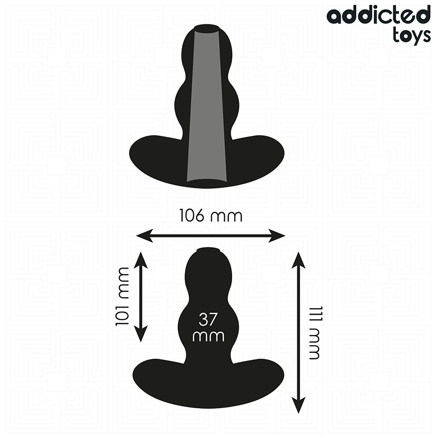 Schema du plug anal creux Addicted, coupe du tunnel interne et cotes 106 mm de large, 37 mm de diametre interne, base evasee de securite pour les jeux anaux.
