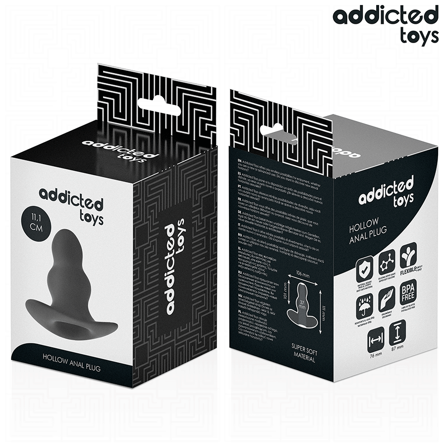 Boite du plug anal creux Addicted, recto verso illustrant la structure tunnel en coupe et les pictogrammes, mention materiau super soft pour un usage anal en douceur.