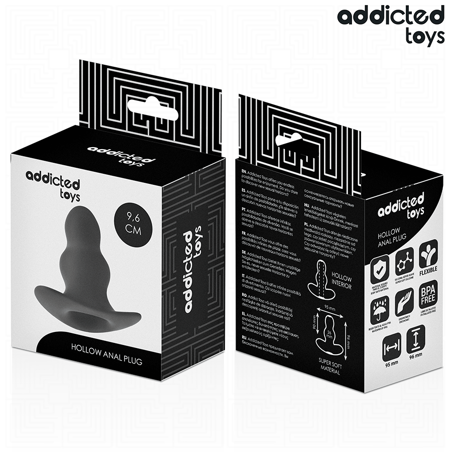 Boite du plug anal creux Addicted 9,6 cm, recto verso montrant le plug tunnel en coupe et les pictogrammes techniques, mention interieur creux et materiau super soft.