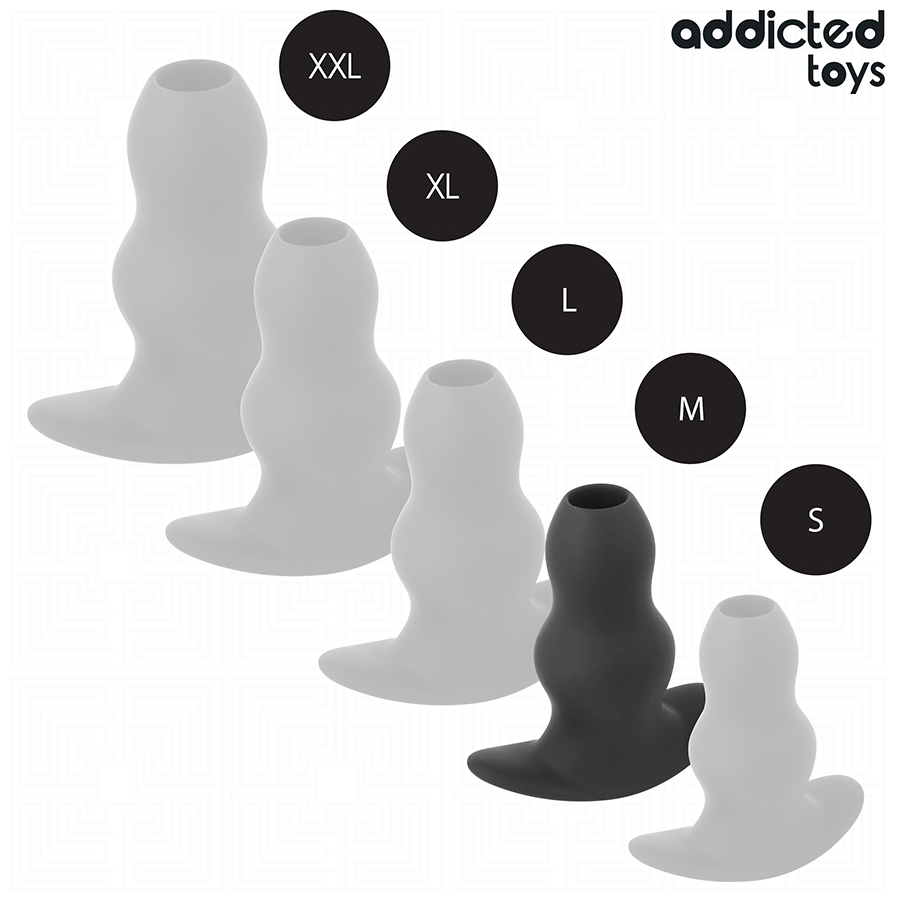 Gamme du plug anal creux Addicted en silicone, modeles translucides avec la taille M en noir mise en avant, plugs tunnel alignes par taille croissante de S a XXL.