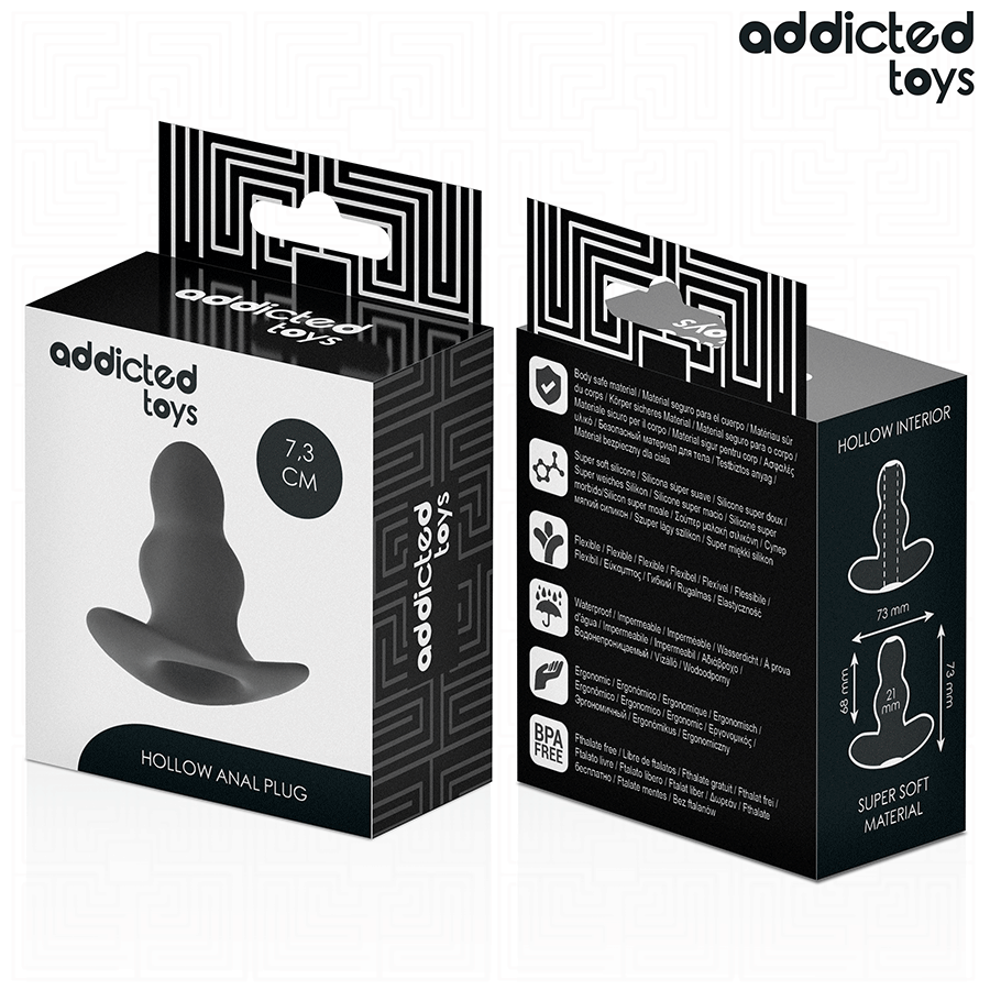 Boite du plug anal creux Addicted 7,3 cm, recto verso detaillant la structure tunnel en coupe et les pictogrammes, mention materiau super soft pour un usage doux.