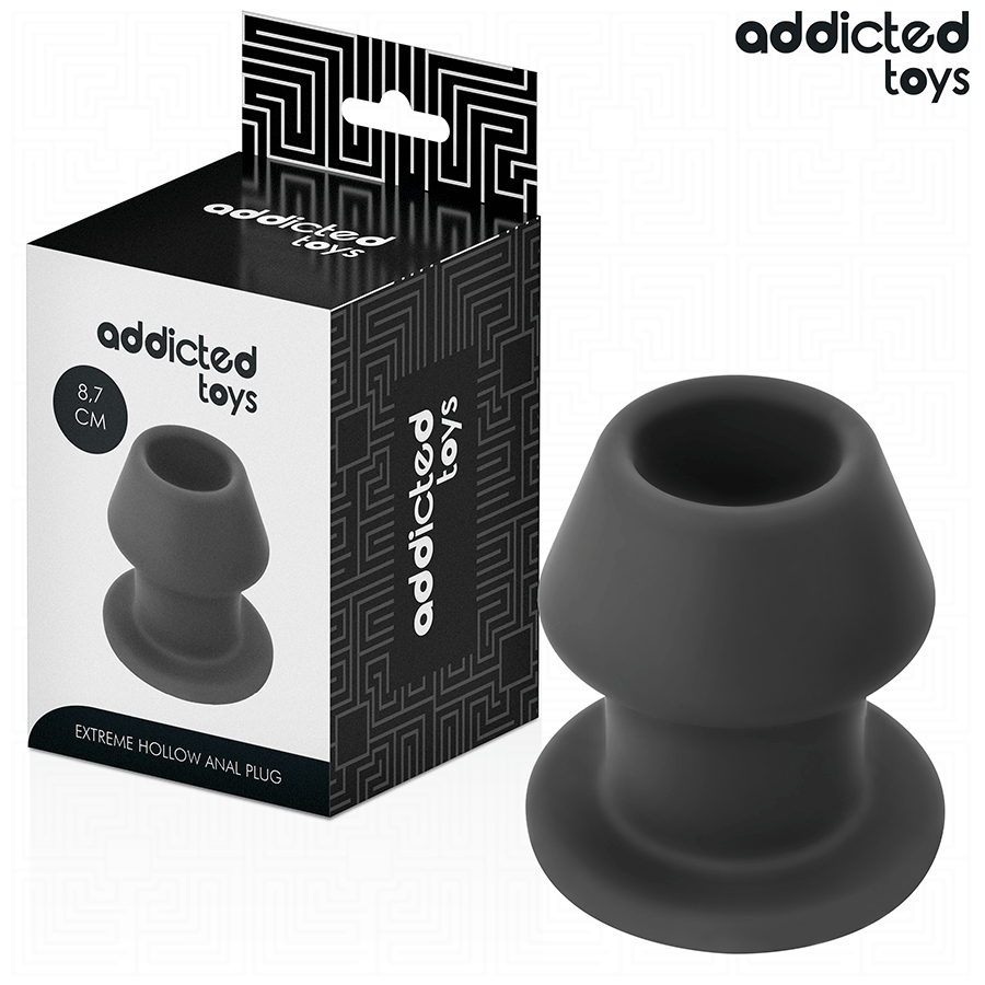 Boite Addicted Extreme Hollow Anal Plug 8,7 cm presentee avec le plug creux en silicone noir, tunnel central et base evasee du modele intermediaire.