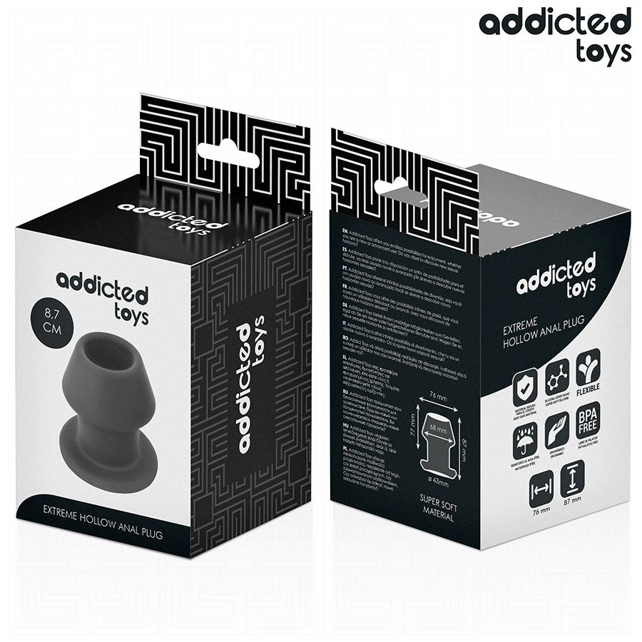 Boites Addicted Extreme Hollow Anal Plug, recto et verso du packaging noir, presentant le plug creux en silicone et ses pictogrammes super soft.