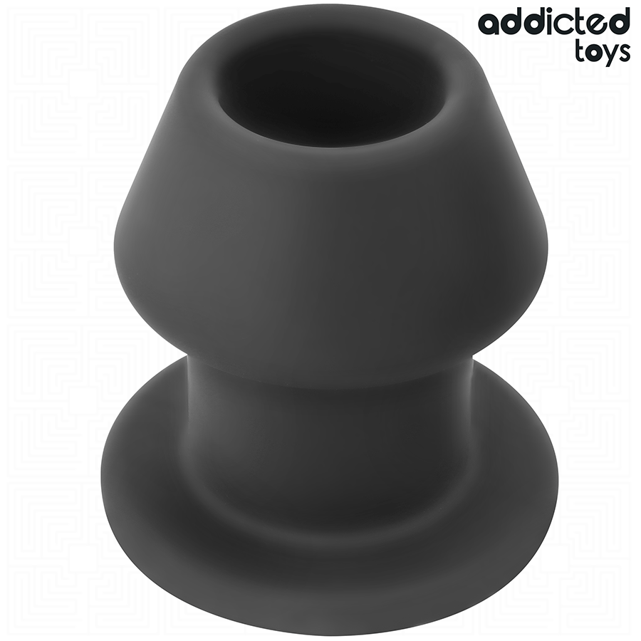 Plug anal creux tunnel Addicted en silicone noir en gros plan, forme champignon a tres large base evasee, montrant l'ouverture du modele extreme.