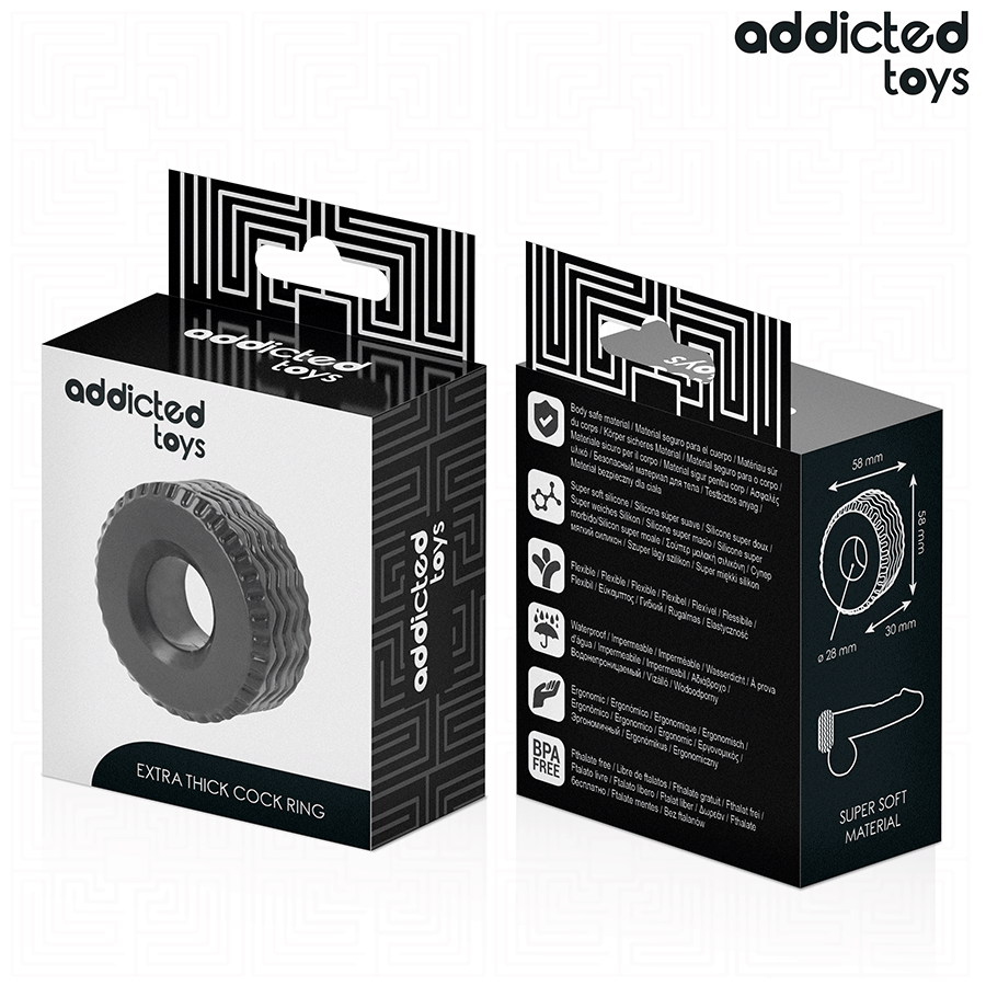 Emballage Addicted Extra Thick Cock Ring vu de face et profil, fiche produit de l'anneau penien epais en silicone super doux, packaging noir.