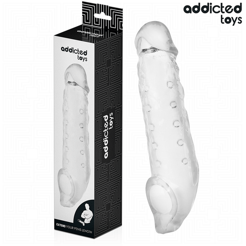 Boite Addicted Extend Your Penis Length avec gaine penienne transparente realiste a gland et relief picote a cote, extension a anneau testiculaire.