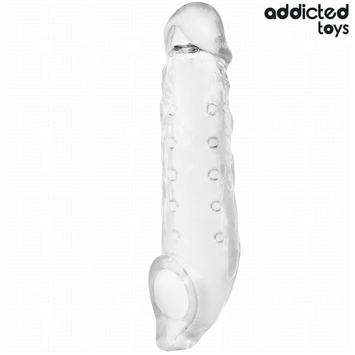 Gaine penienne Addicted transparente texturee a relief picote avec anneau testiculaire, forme realiste a gland marque, presentee de face sur fond blanc.