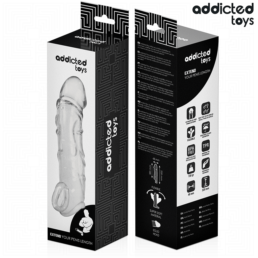 Boite Addicted de la gaine penienne transparente extreme, packaging noir et blanc avec visuel de la gaine translucide texturee et pictogrammes flexible.