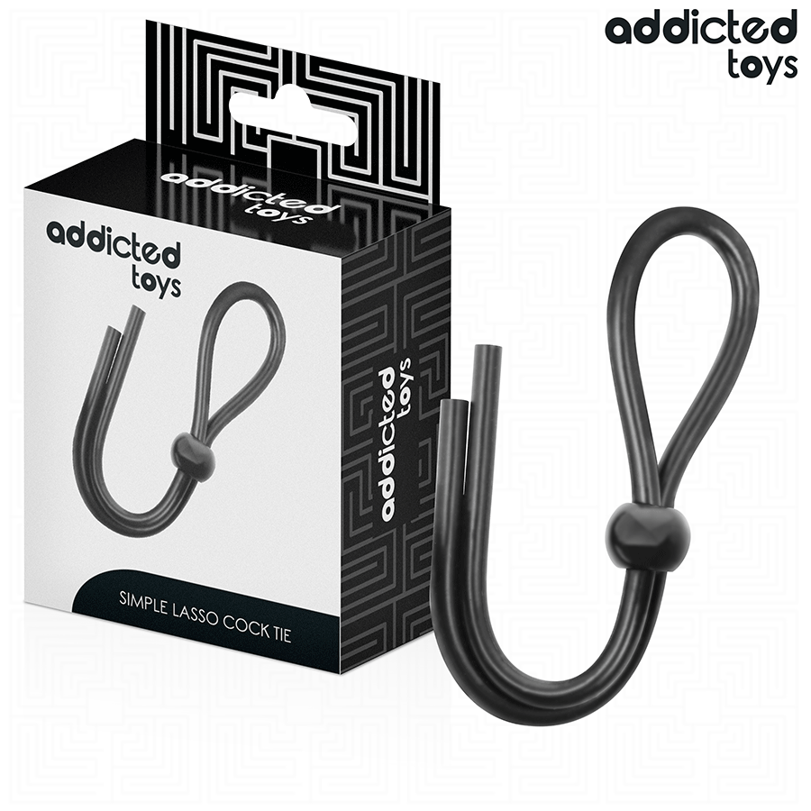 Boite Simple Lasso Cock Tie Addicted avec son lasso penien en silicone noir a boucle unique, cockring cordon reglable pour le maintien de l'erection.