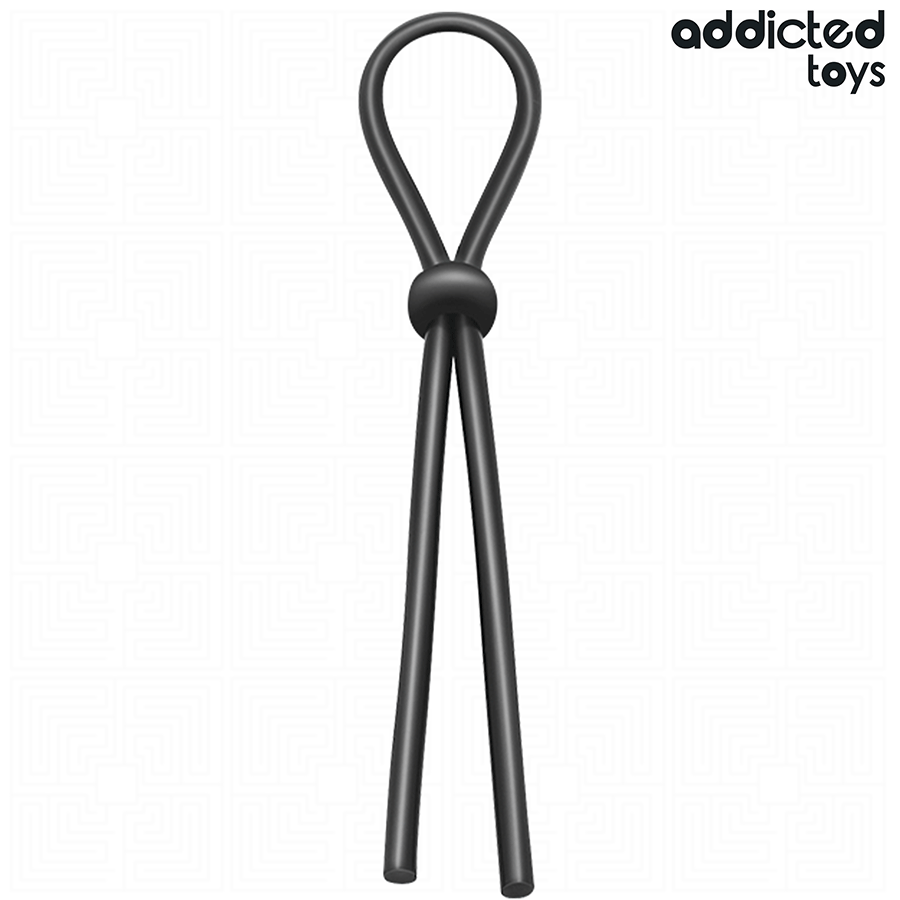 Lasso penien simple en silicone noir Addicted a une boucle avec curseur coulissant, cockring cordon ajustable pour serrer la base de l'erection.