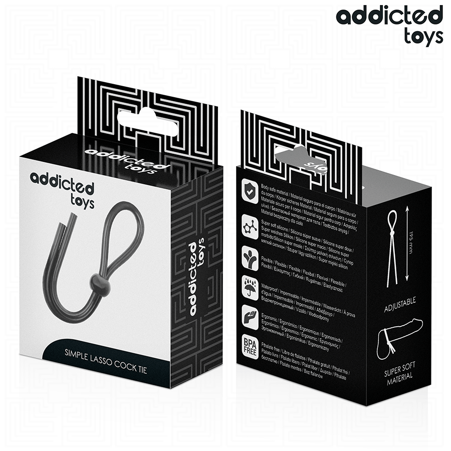 Emballage Addicted Simple Lasso Cock Tie vu de face et profil, fiche produit du lasso penien en silicone super doux, packaging noir.