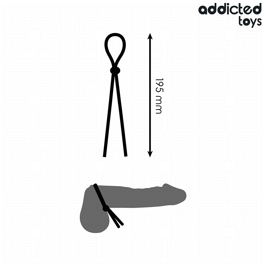 Schema Addicted du lasso penien simple, longueur 195 mm cotee avec silhouette grisee non realiste de mise en place, cockring cordon en silicone noir.