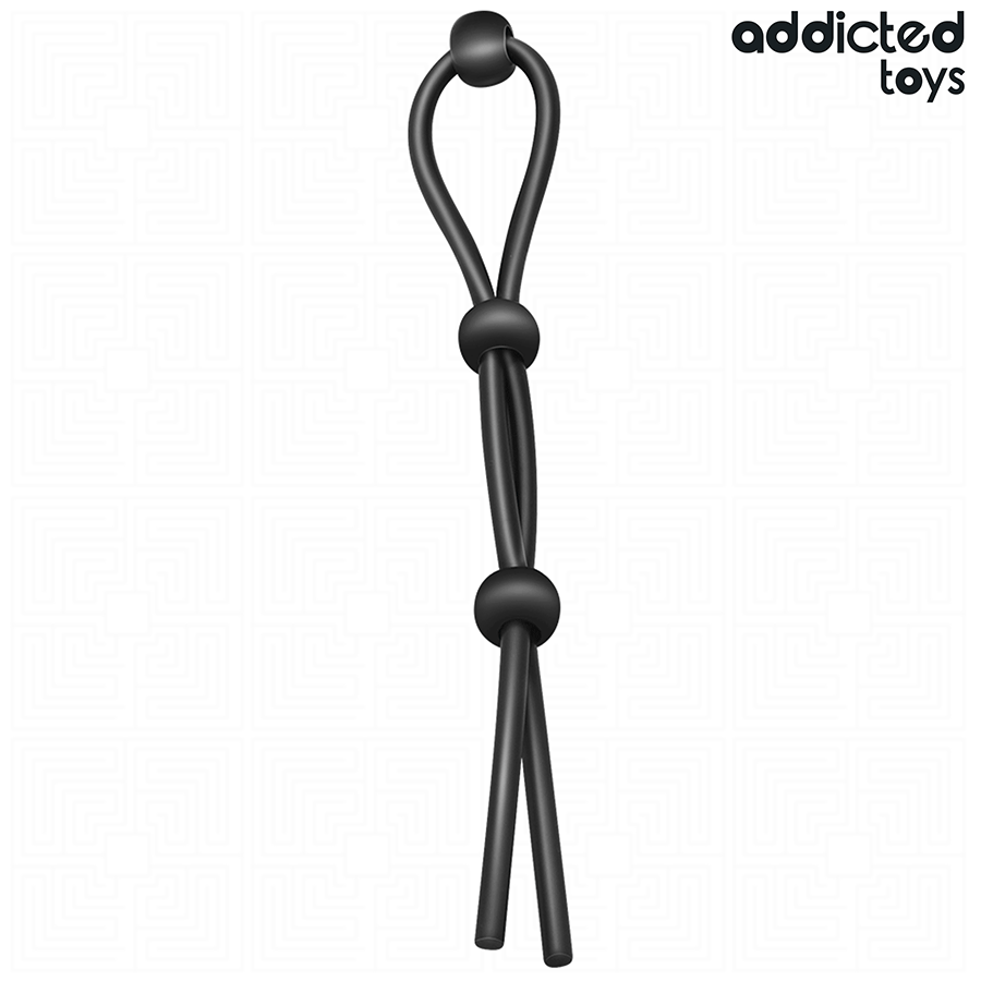 Lasso penien triple en silicone noir Addicted a trois points de serrage coulissants, cockring cordon ajustable pour repartir la pression sur l'erection.