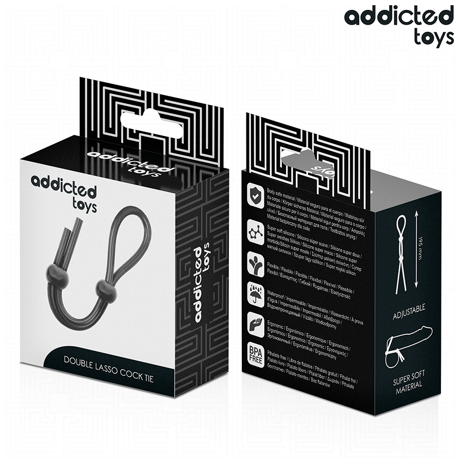 Emballage Addicted Double Lasso Cock Tie vu de face et profil, fiche produit du lasso penien en silicone super doux, packaging noir.