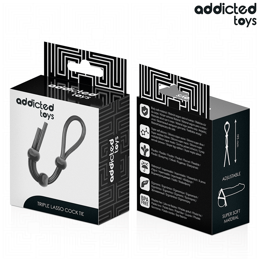 Emballage Addicted Triple Lasso Cock Tie vu de face et profil, fiche produit du lasso penien en silicone super doux, packaging noir.