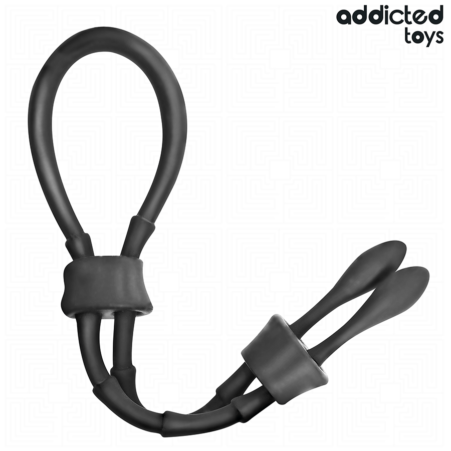 Lasso penien ajustable en silicone noir Addicted a double boucle avec curseurs de serrage, cockring cordon reglable pour le maintien de l'erection.