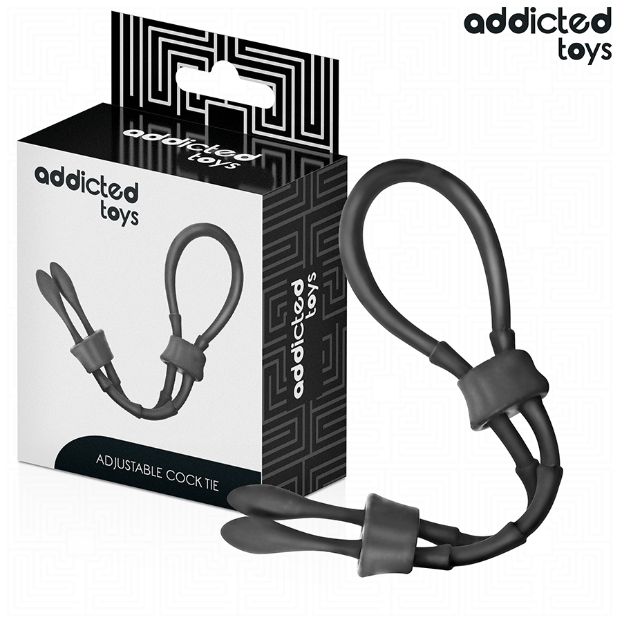 Boite Adjustable Cock Tie Addicted avec son lasso penien en silicone noir a curseurs, cockring cordon reglable pour le maintien personnalise de l'erection.