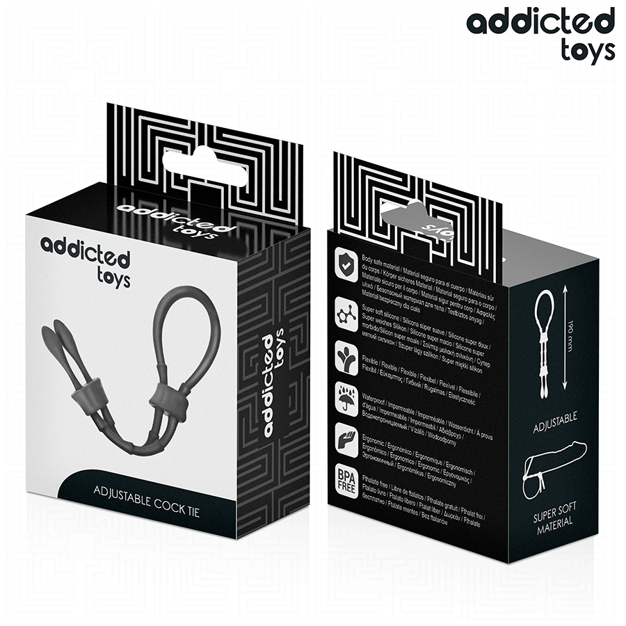 Emballage Addicted Adjustable Cock Tie vu de face et profil, fiche produit du lasso penien en silicone super doux, packaging noir.