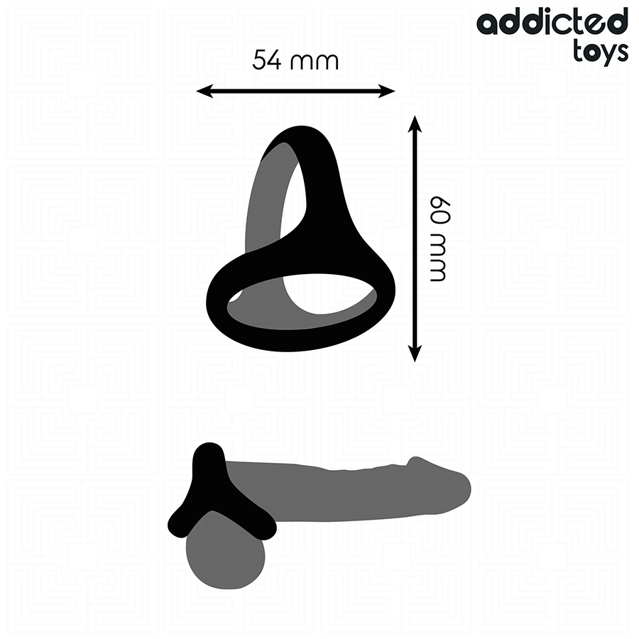 Schema cote Addicted de l'anneau penien double, dimensions 54 par 60 mm avec silhouette grisee non realiste de mise en place, cockring en silicone noir.