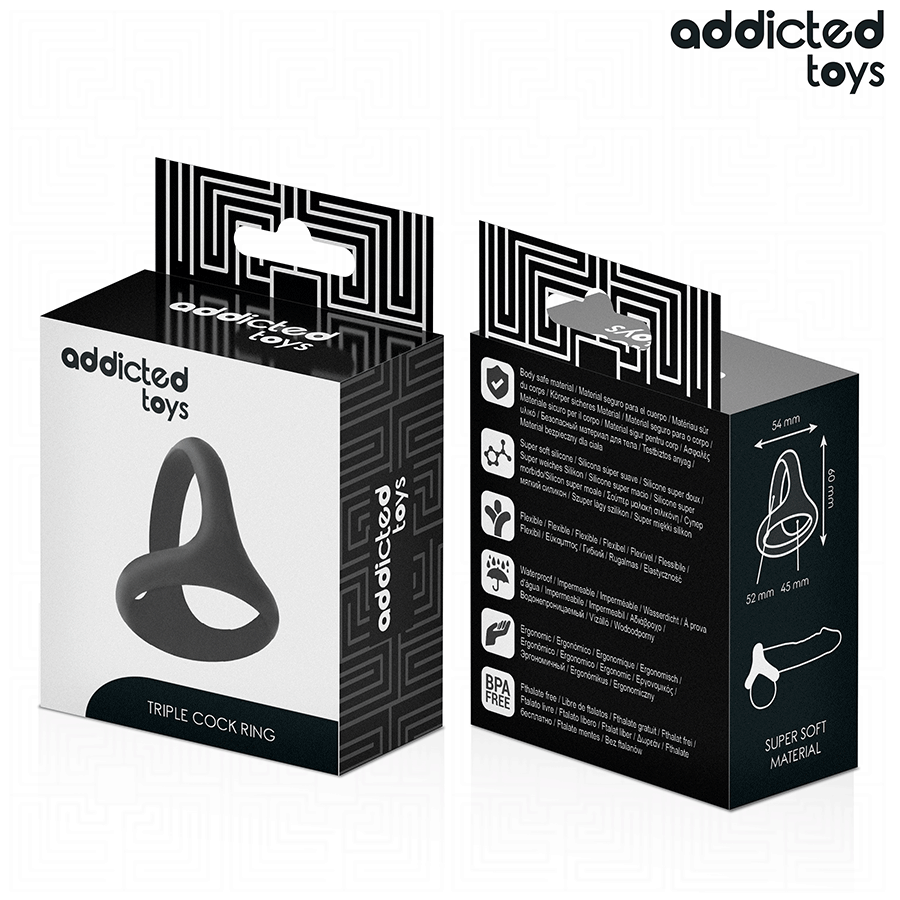 Emballage Addicted Triple Cock Ring vu de face et profil, fiche produit de l'anneau penien double en silicone super doux, packaging noir.