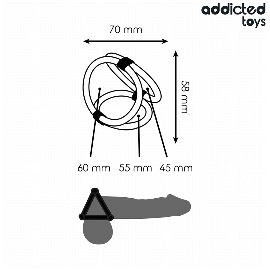 Schema cote Addicted du triple anneau penien, dimensions 70 par 58 mm et boucles 60, 55 et 45 mm avec silhouette grisee non realiste, cockring en silicone noir.