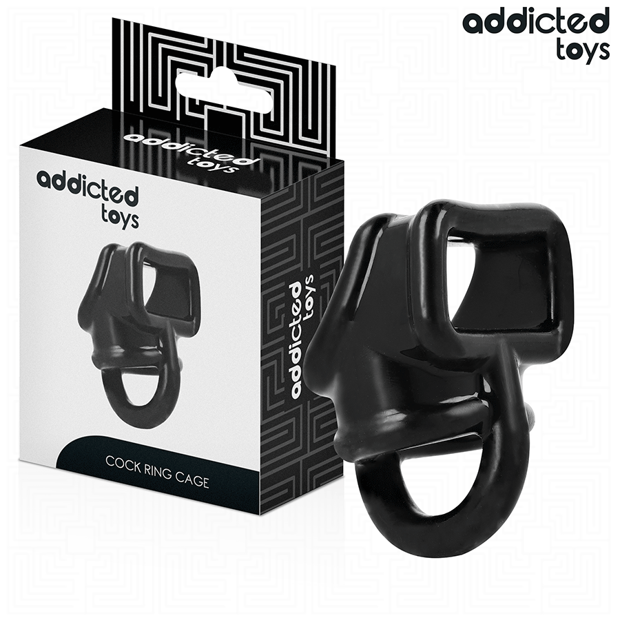 Boite Cock Ring Cage Addicted avec sa cage cockring en silicone noir ajouree, accessoire de maintien penis et testicules pour soutenir l'erection.