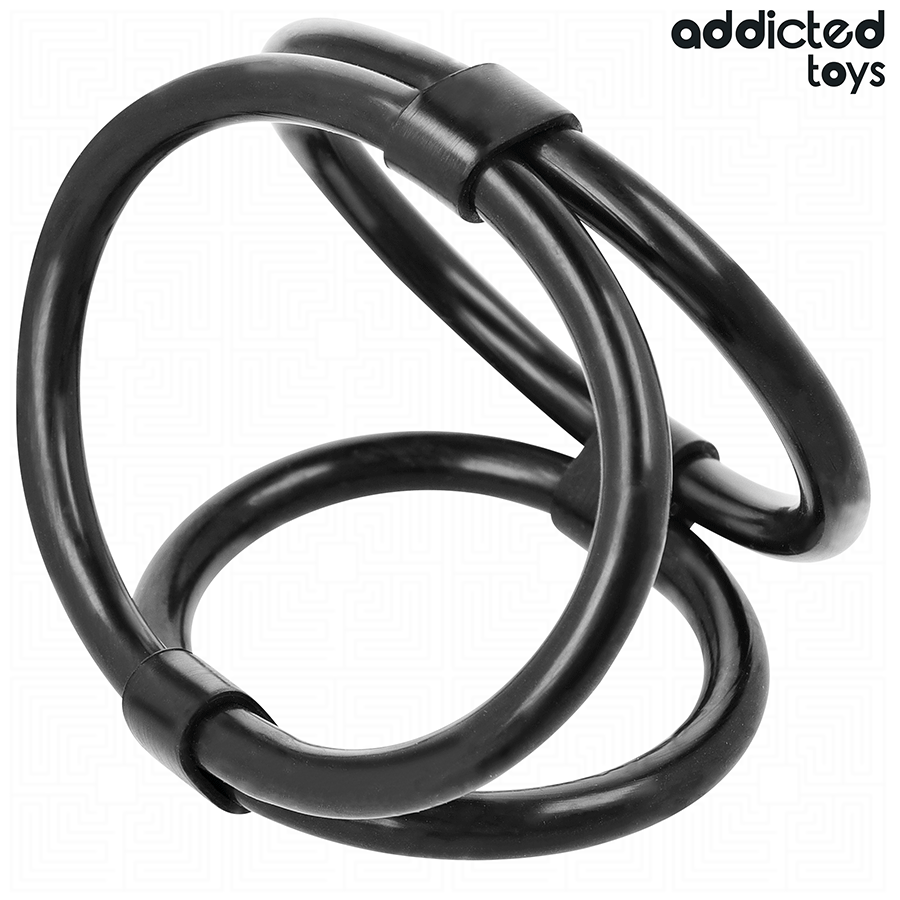 Triple anneau penien en cordon silicone noir Addicted a boucles superposees, cockring multi-boucles pour repartir le maintien sur le penis et les testicules.