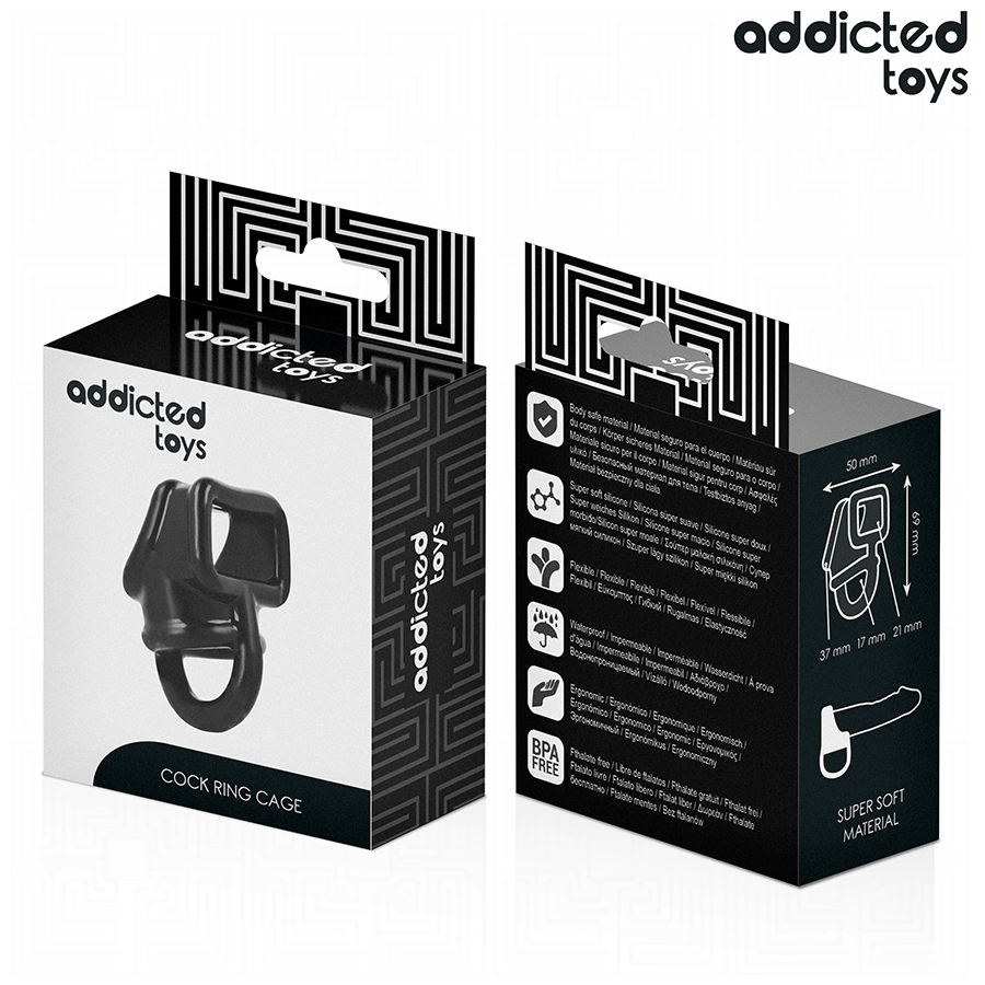 Emballage Addicted Cock Ring Cage vu de face et profil, fiche produit de la cage cockring en silicone super doux, packaging noir.