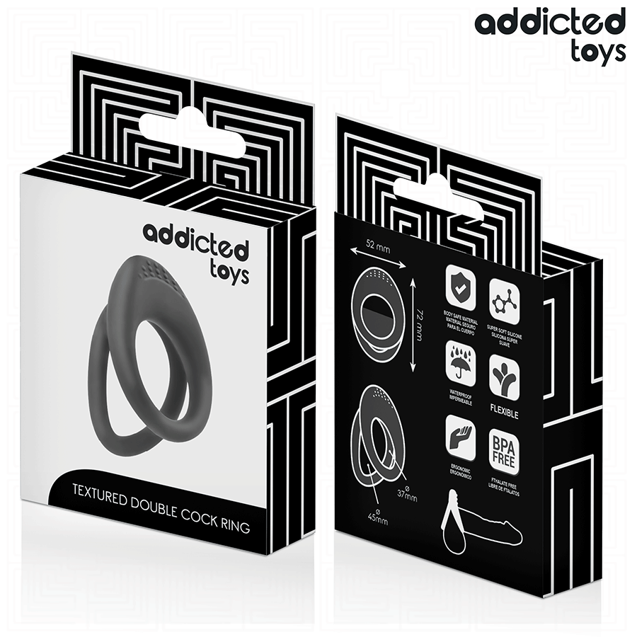 Emballage Addicted Textured Double Cock Ring vu de face et profil, fiche produit de l'anneau penien double texture en silicone, packaging noir.